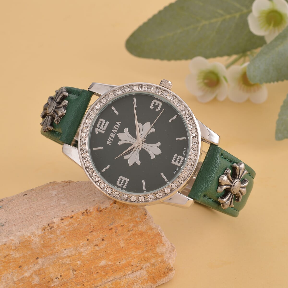 Strada Austrian Crystal Japanse Movement Dark Green Dial Watch with Dark Green Faux Leather Strap and Cross Charm image number 1