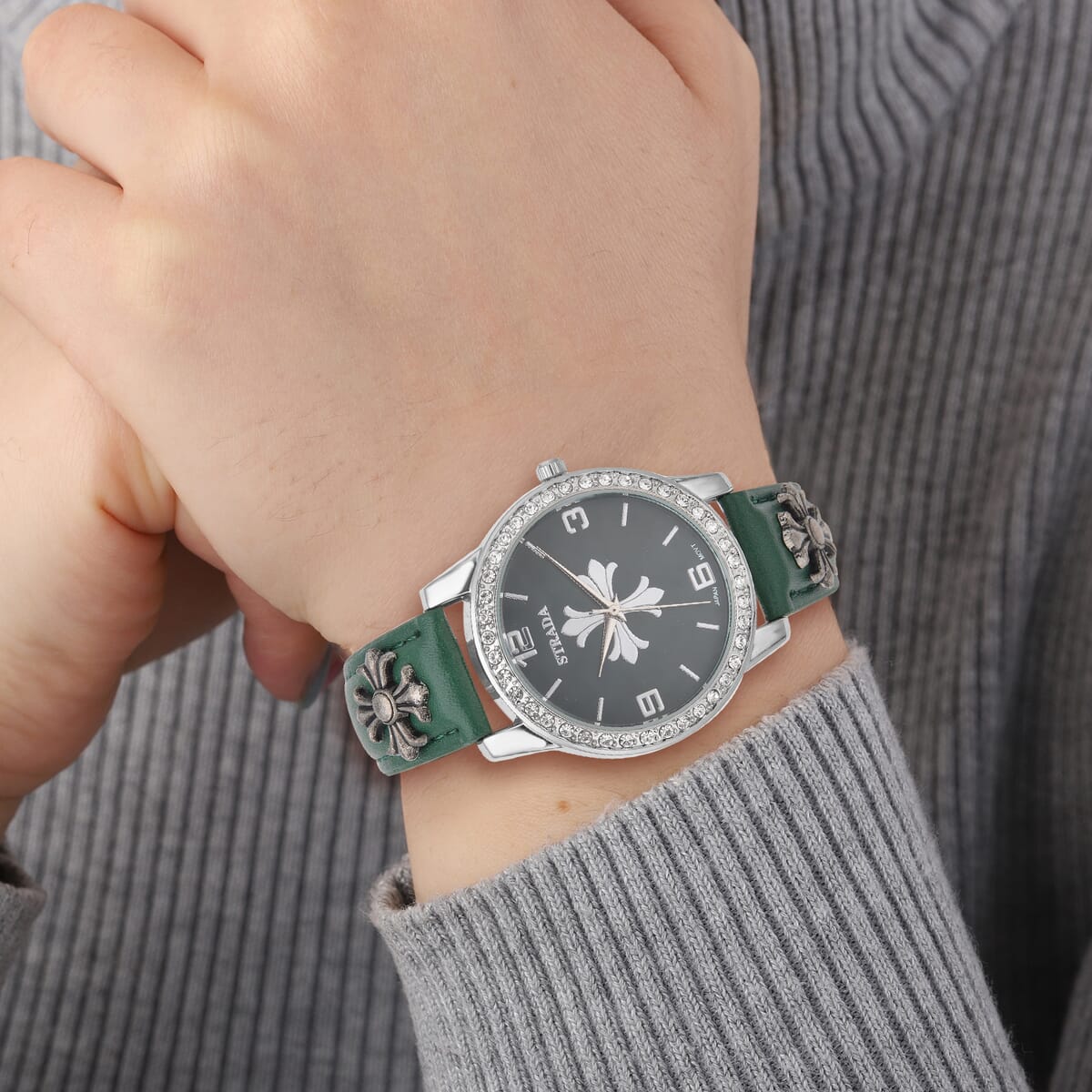 Strada Austrian Crystal Japanse Movement Dark Green Dial Watch with Dark Green Faux Leather Strap and Cross Charm image number 2