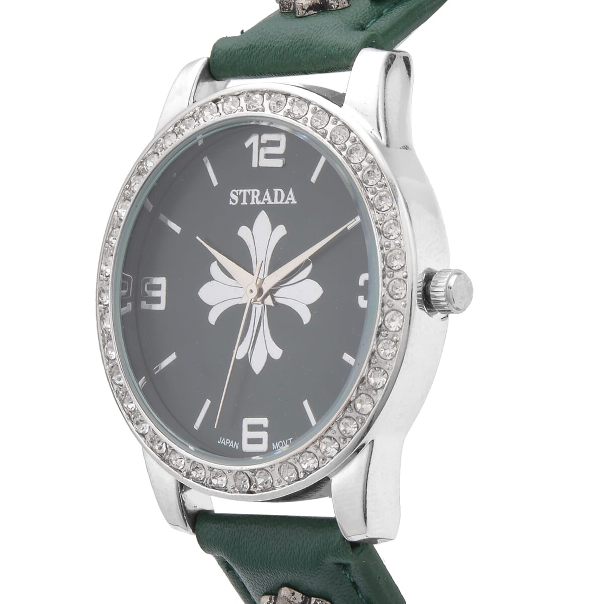 Strada Austrian Crystal Japanse Movement Dark Green Dial Watch with Dark Green Faux Leather Strap and Cross Charm image number 3
