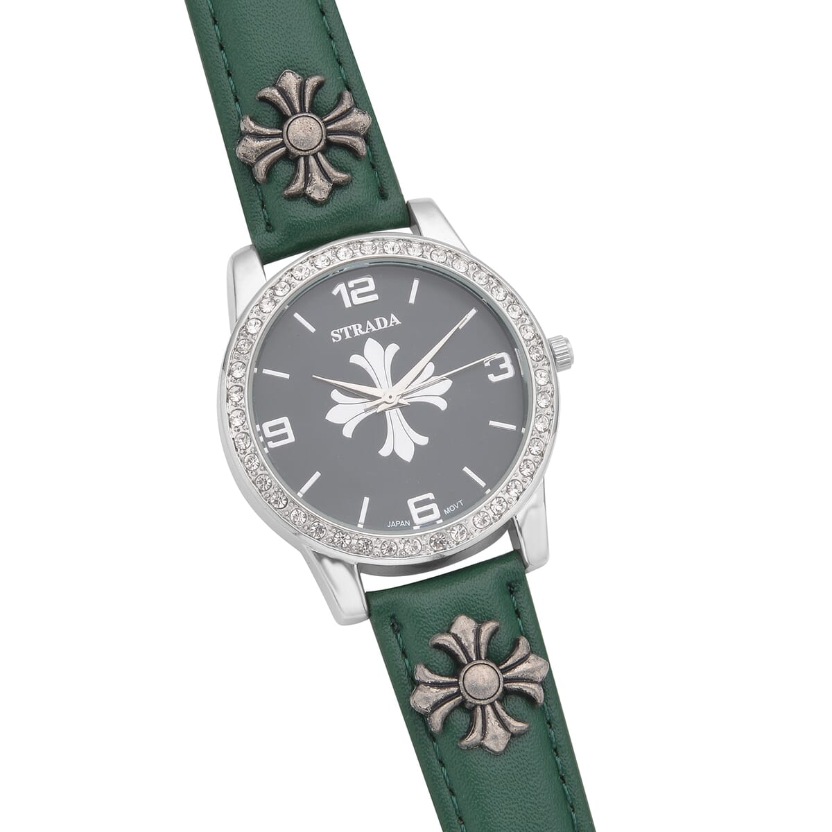 Strada Austrian Crystal Japanse Movement Dark Green Dial Watch with Dark Green Faux Leather Strap and Cross Charm image number 4