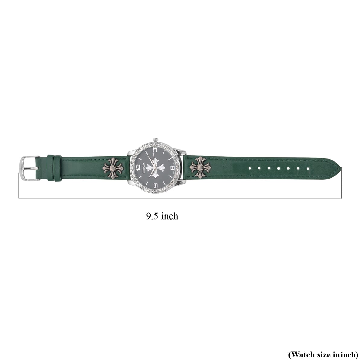 Strada Austrian Crystal Japanse Movement Dark Green Dial Watch with Dark Green Faux Leather Strap and Cross Charm image number 6