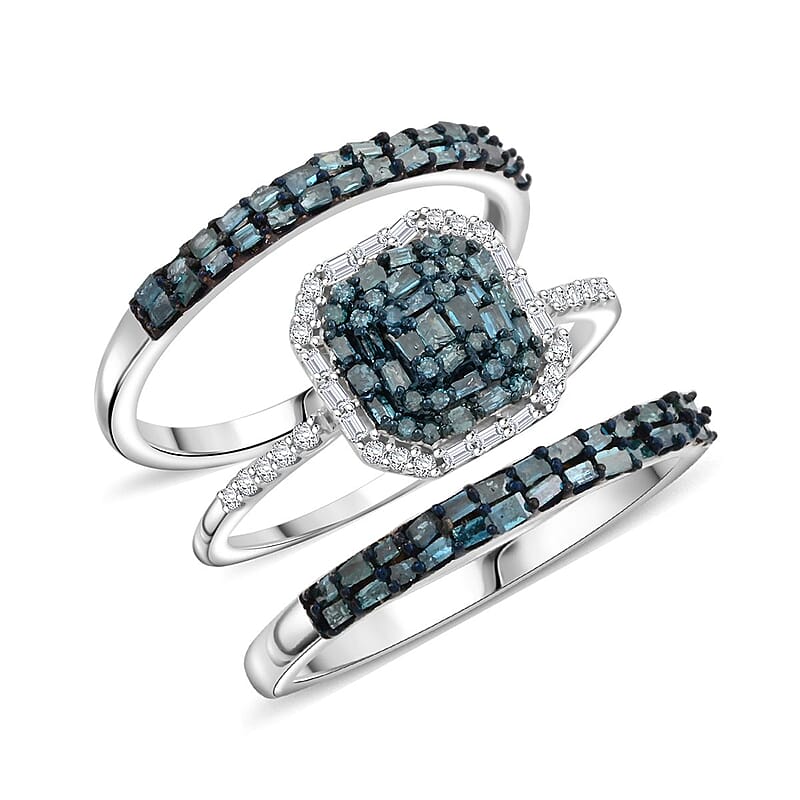 Blue Diamond and White Diamond Stackable Ring in Rhodium and Platinum Over Sterling Silver (Size 8.0) 1.00 ctw