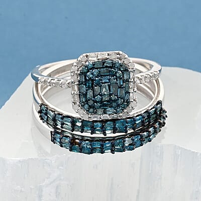 Blue Diamond and White Diamond Stackable Ring in Rhodium and Platinum Over Sterling Silver (Size 8.0) 1.00 ctw