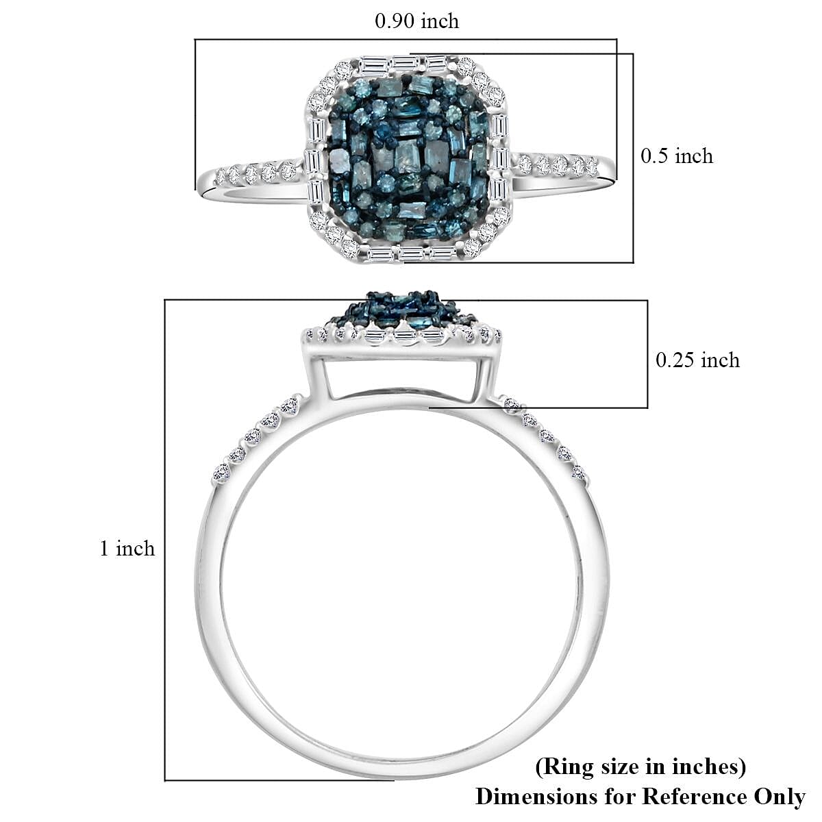Blue Diamond and White Diamond Stackable Ring in Rhodium and Platinum Over Sterling Silver (Size 8.0) 1.00 ctw