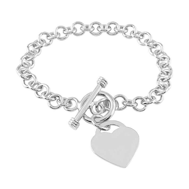Toggle Heart Charm Bracelet in Silvertone (7.50 In)