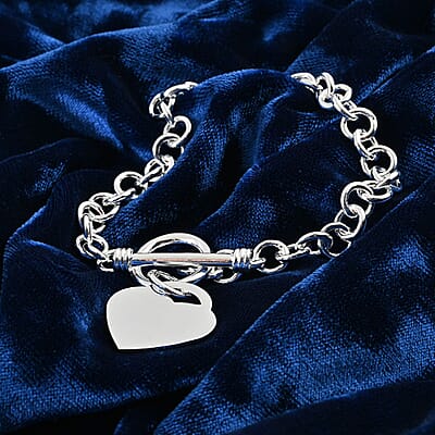 Toggle Heart Charm Bracelet in Silvertone (7.50 In)