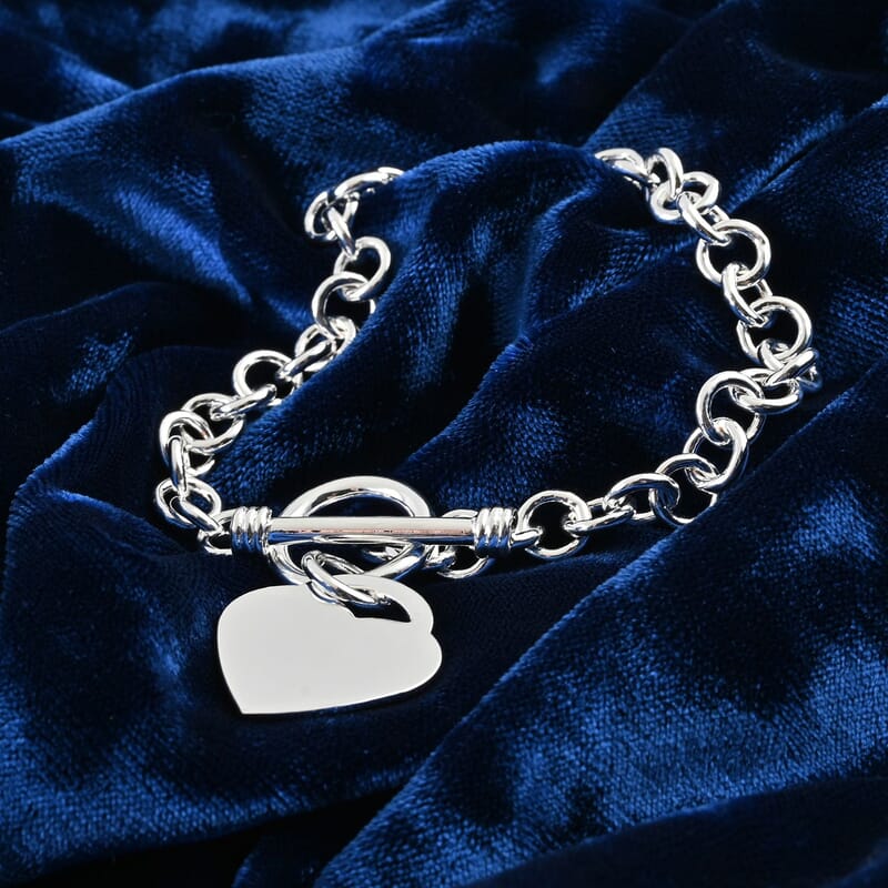 Toggle Heart Charm Bracelet in Silvertone (7.50 In)