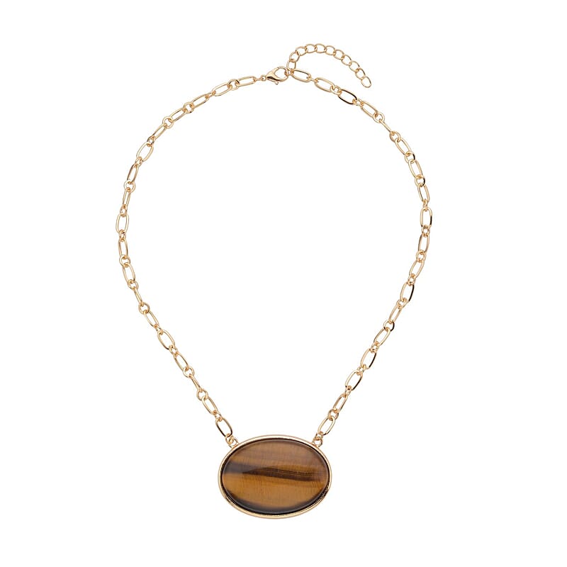 Yellow Tiger's Eye Flat Link Chain Necklace 20-22 Inches in Goldtone 150.00 ctw