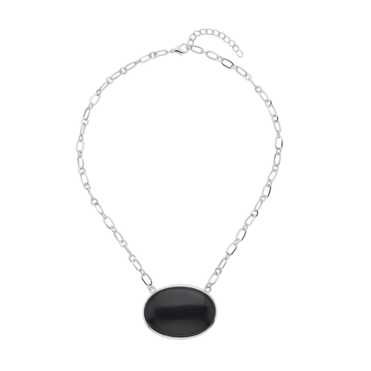 Black Obsidian Flat Link Chain Necklace 20-22 Inches in Silvertone 150.00 ctw image number 0