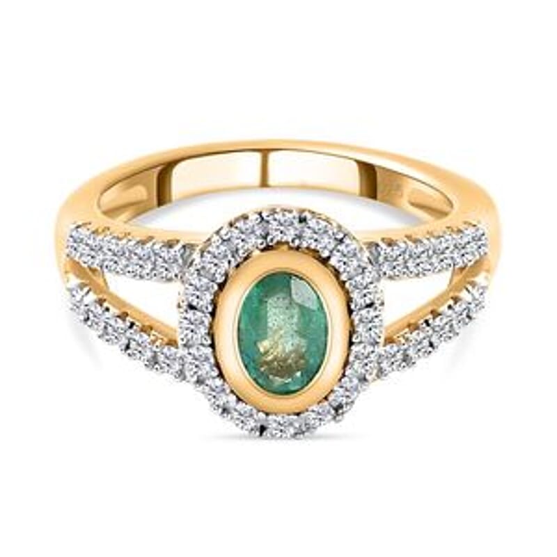 Kagem Zambian Emerald and White Zircon 1.39 ctw Ring in 14K YG Over Sterling Silver (Size 11.5)