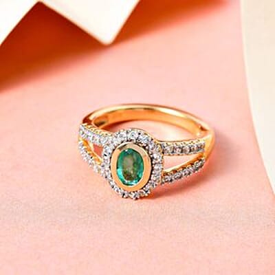 Kagem Zambian Emerald and White Zircon 1.39 ctw Ring in 14K YG Over Sterling Silver (Size 11.5)