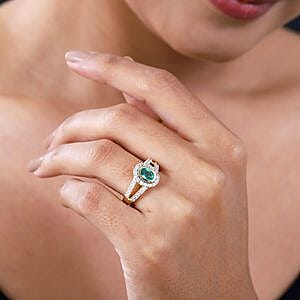 Kagem Zambian Emerald and White Zircon 1.39 ctw Ring in 14K YG Over Sterling Silver (Size 11.5)
