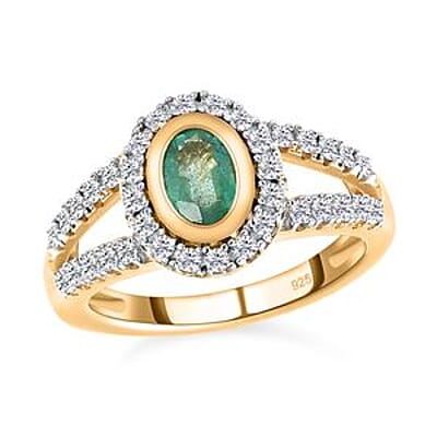 Kagem Zambian Emerald and White Zircon 1.39 ctw Ring in 14K YG Over Sterling Silver (Size 11.5)