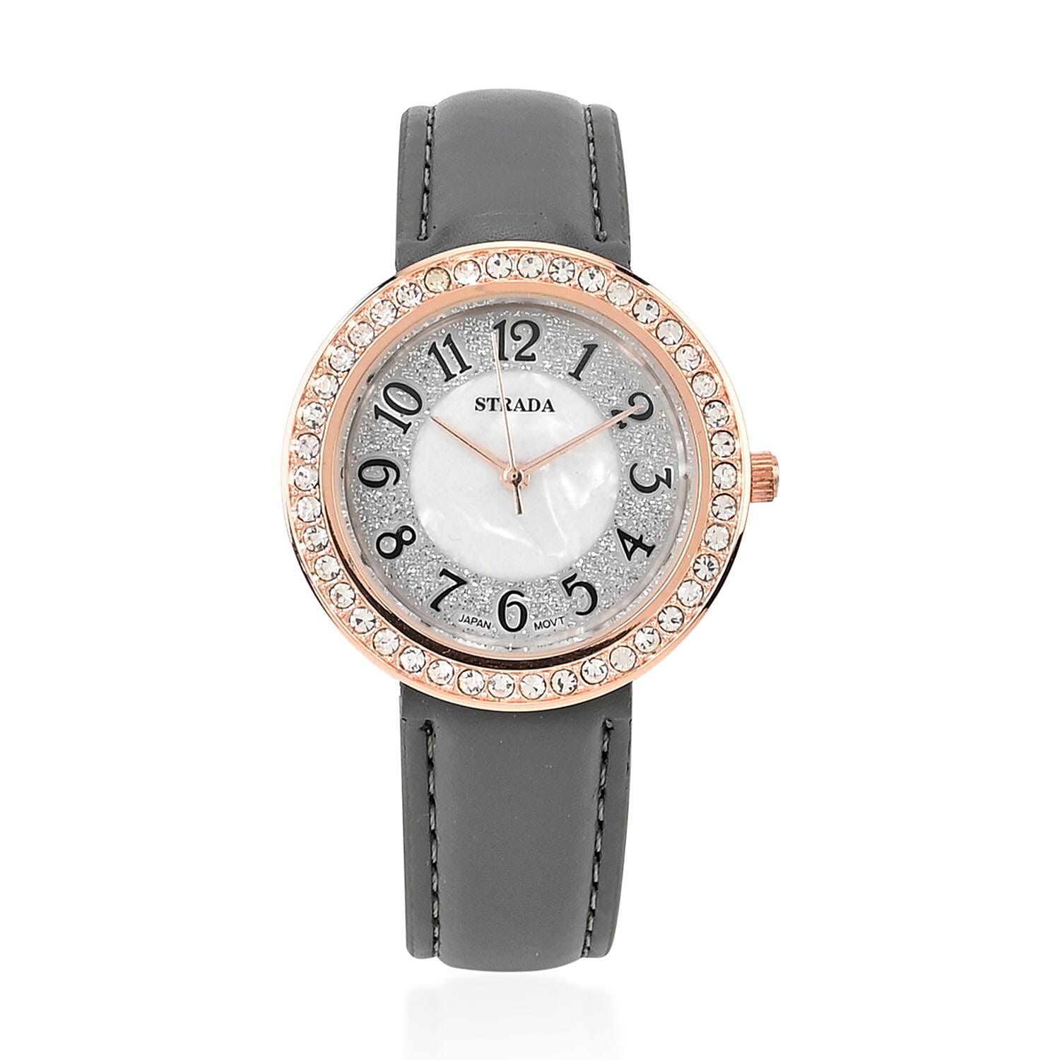 Strada White Austrian Crystal Japanese Movement Watch in Rosetone with Gray Faux Leather Strap (35.56mm) (6.50-8.00 Inches)