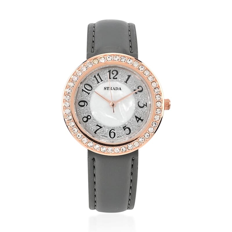 Strada White Austrian Crystal Japanese Movement Watch in Rosetone with Gray Faux Leather Strap (35.56mm) (6.50-8.00 Inches)