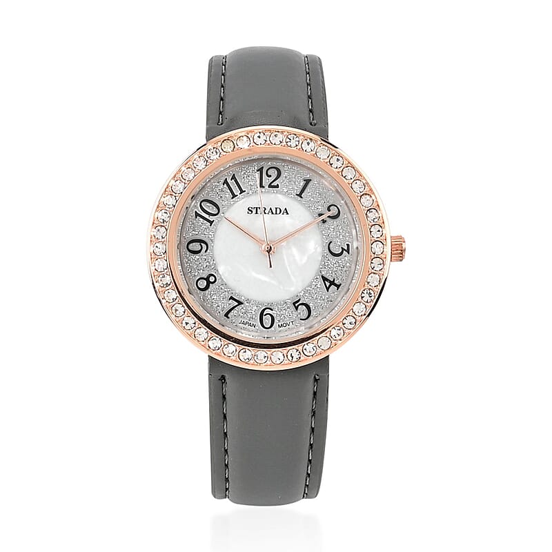 Strada White Austrian Crystal Japanese Movement Watch in Rosetone with Gray Faux Leather Strap (35.56mm) (6.50-8.00 Inches)