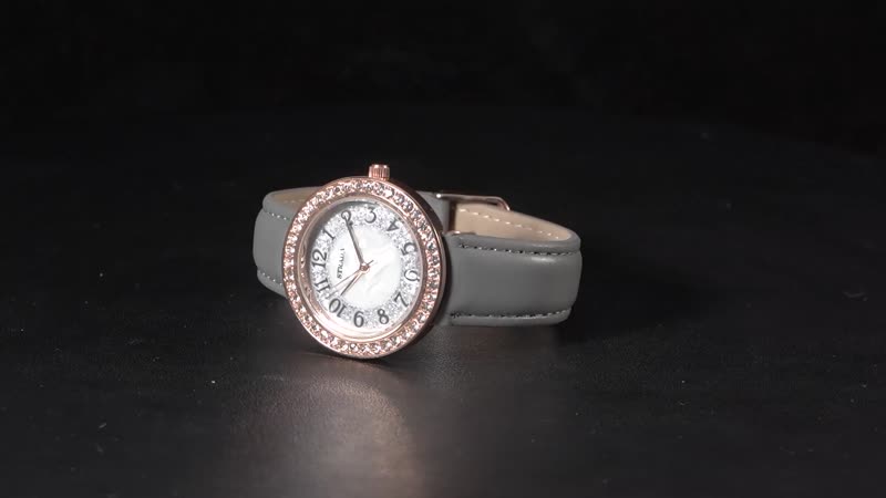 Strada White Austrian Crystal Japanese Movement Watch in Rosetone with Black Faux Leather Strap (35.56mm) (6.50-8.00 Inches)