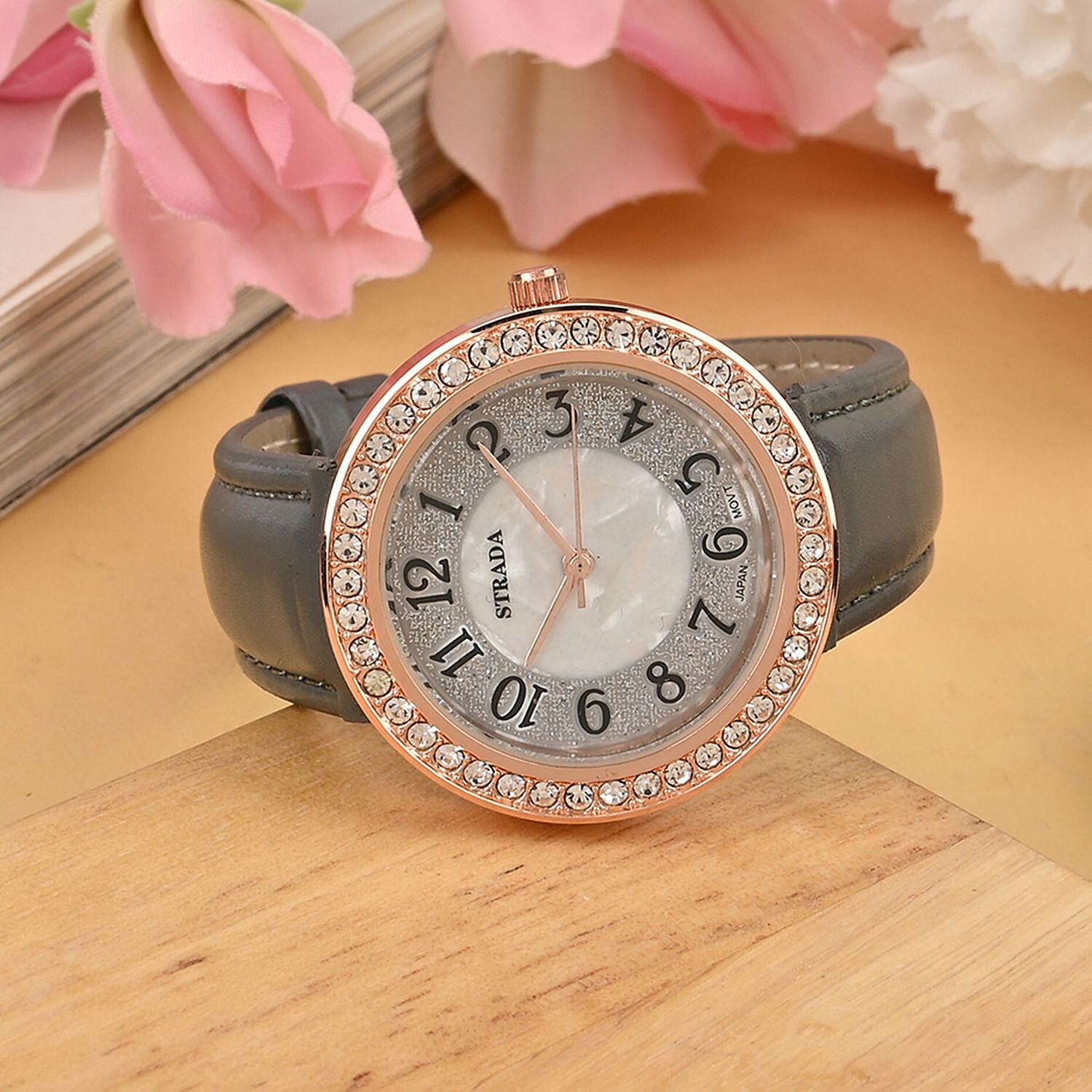 Strada White Austrian Crystal Japanese Movement Watch in Rosetone with Gray Faux Leather Strap (35.56mm) (6.50-8.00 Inches)