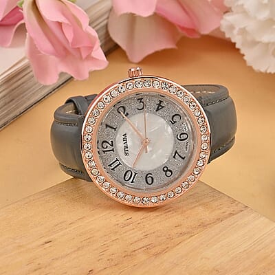 Strada White Austrian Crystal Japanese Movement Watch in Rosetone with Gray Faux Leather Strap (35.56mm) (6.50-8.00 Inches)