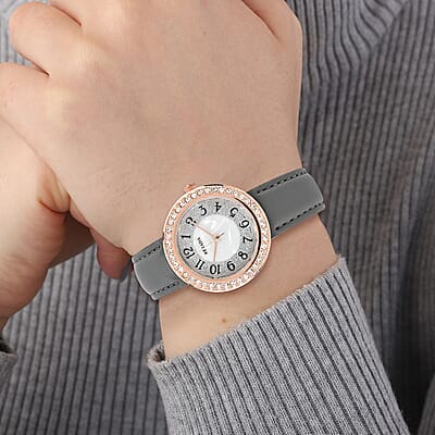 Strada White Austrian Crystal Japanese Movement Watch in Rosetone with Gray Faux Leather Strap (35.56mm) (6.50-8.00 Inches)
