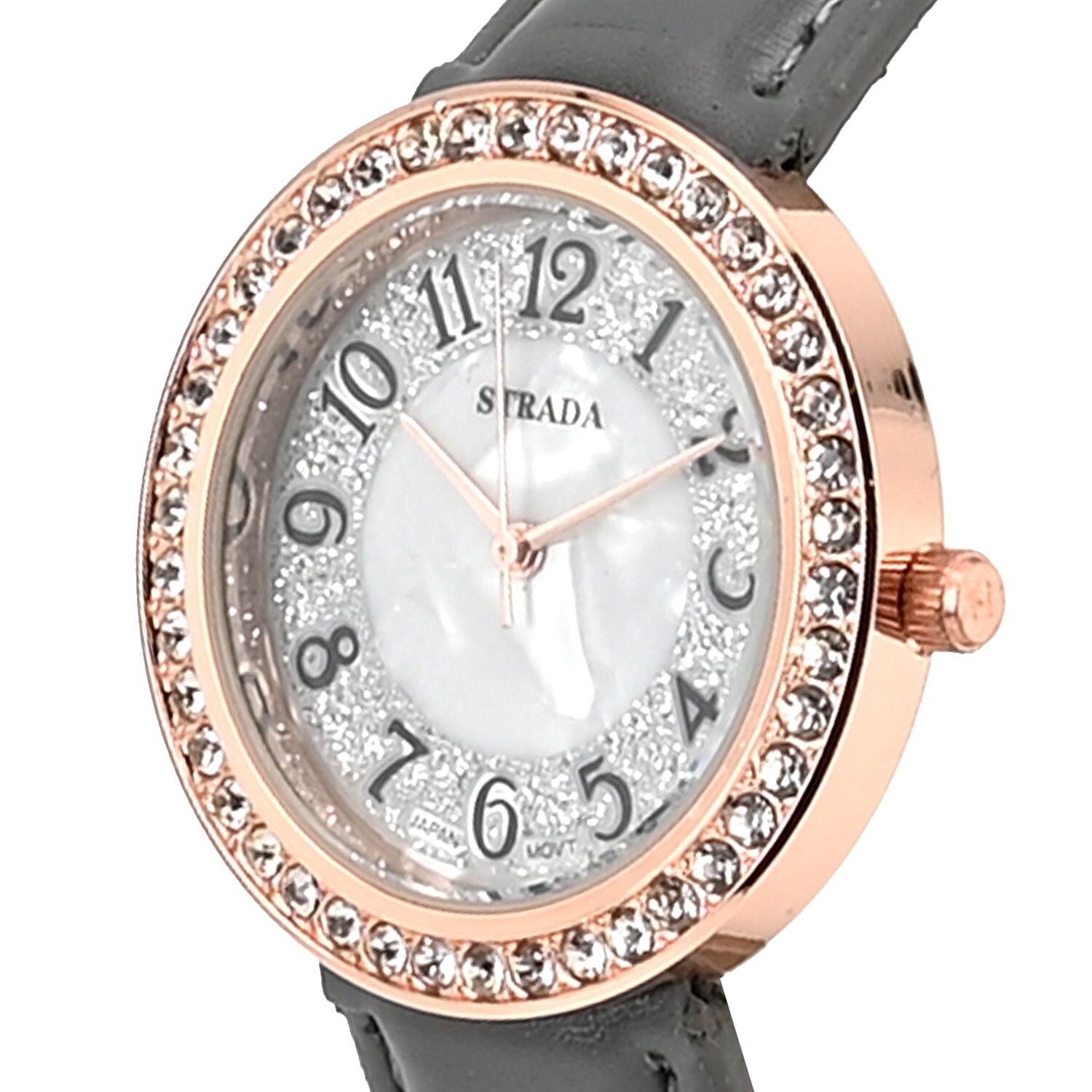 Strada White Austrian Crystal Japanese Movement Watch in Rosetone with Gray Faux Leather Strap (35.56mm) (6.50-8.00 Inches)