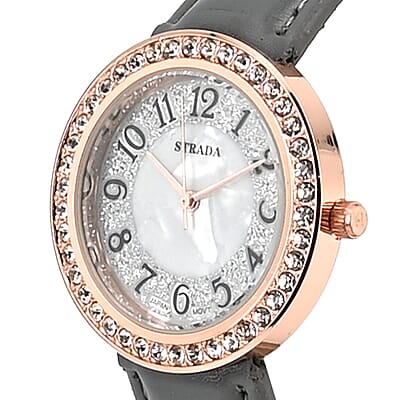 Strada White Austrian Crystal Japanese Movement Watch in Rosetone with Gray Faux Leather Strap (35.56mm) (6.50-8.00 Inches)