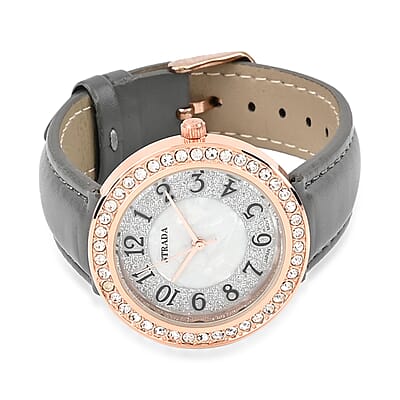 Strada White Austrian Crystal Japanese Movement Watch in Rosetone with Gray Faux Leather Strap (35.56mm) (6.50-8.00 Inches)
