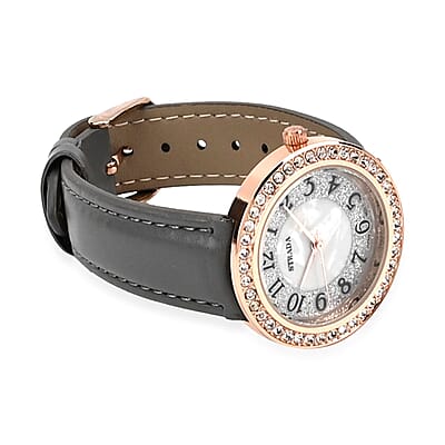 Strada White Austrian Crystal Japanese Movement Watch in Rosetone with Gray Faux Leather Strap (35.56mm) (6.50-8.00 Inches)