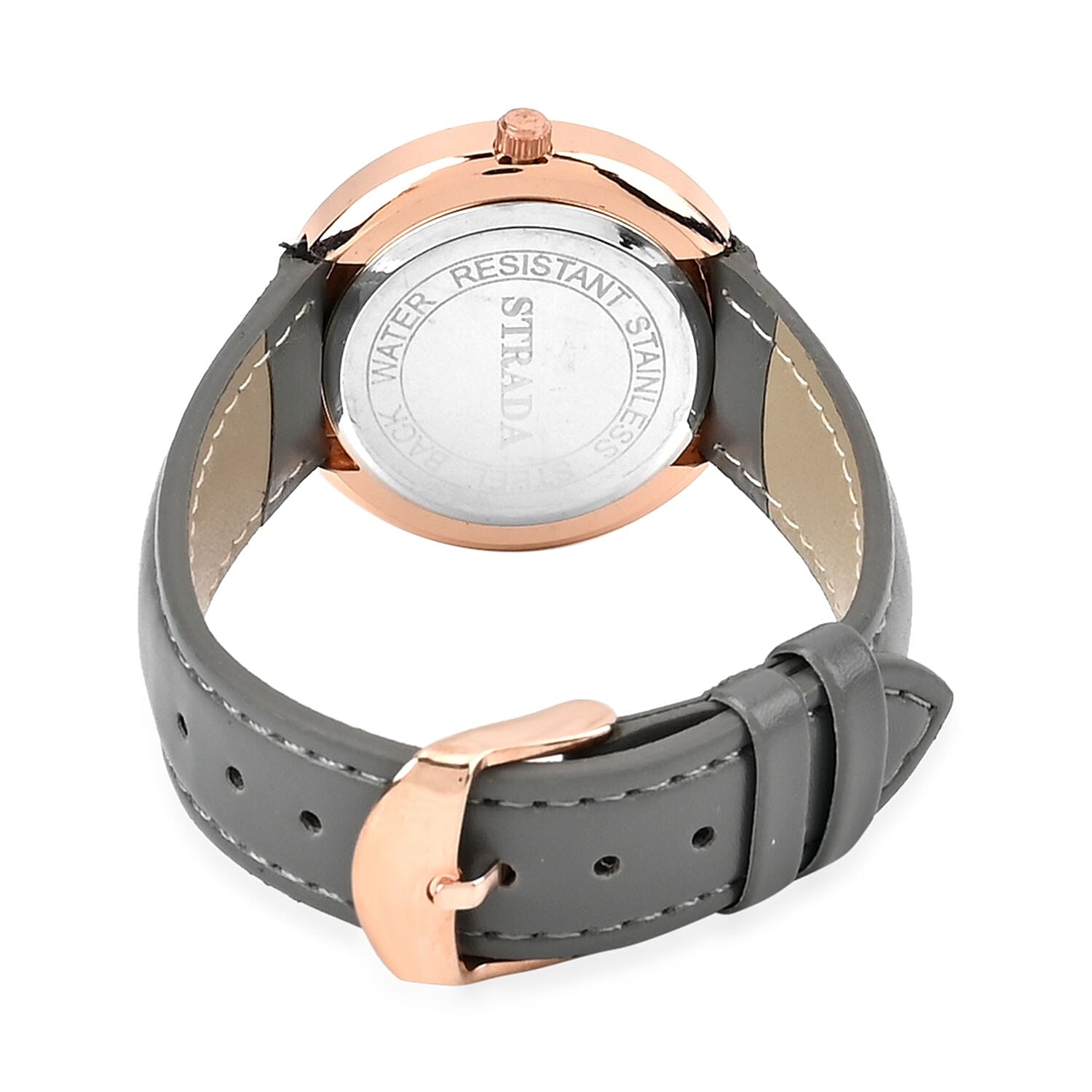 Strada White Austrian Crystal Japanese Movement Watch in Rosetone with Gray Faux Leather Strap (35.56mm) (6.50-8.00 Inches)