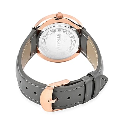 Strada White Austrian Crystal Japanese Movement Watch in Rosetone with Gray Faux Leather Strap (35.56mm) (6.50-8.00 Inches)