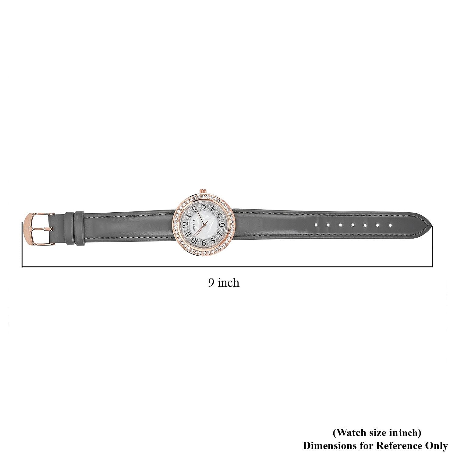 Strada White Austrian Crystal Japanese Movement Watch in Rosetone with Gray Faux Leather Strap (35.56mm) (6.50-8.00 Inches)