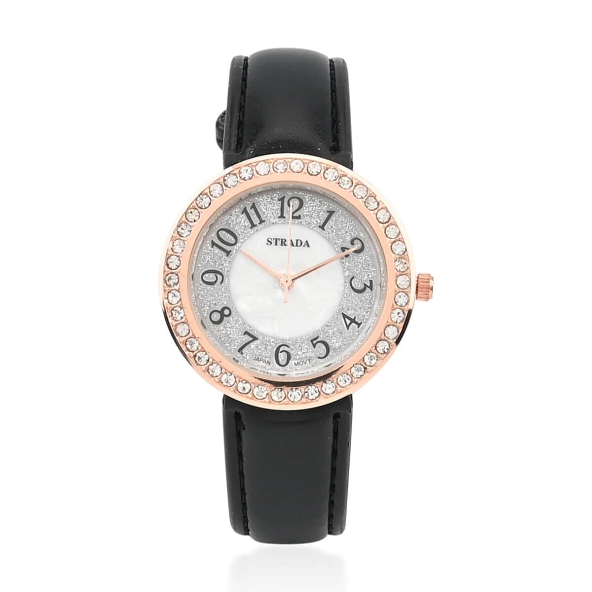 Strada White Austrian Crystal Japanese Movement Watch in Rosetone with Black Faux Leather Strap (35.56mm) (6.50-8.00 Inches) image number 0