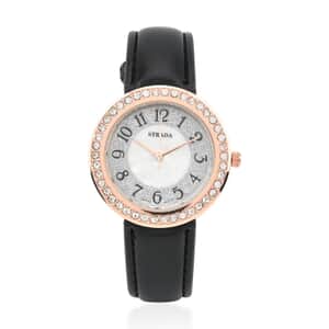 Strada White Austrian Crystal Japanese Movement Watch in Rosetone with Black Faux Leather Strap (35.56mm) (6.50-8.00 Inches)