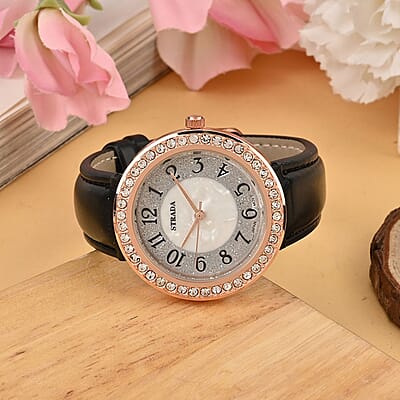 Strada White Austrian Crystal Japanese Movement Watch in Rosetone with Black Faux Leather Strap (35.56mm) (6.50-8.00 Inches)