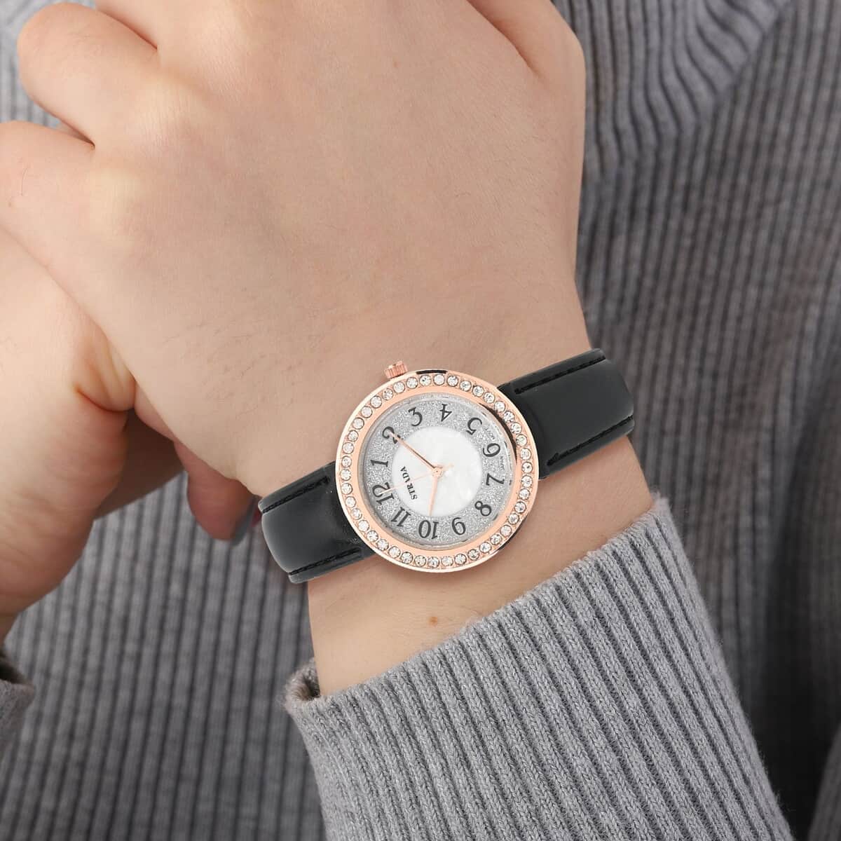 Strada White Austrian Crystal Japanese Movement Watch in Rosetone with Black Faux Leather Strap (35.56mm) (6.50-8.00 Inches) image number 2