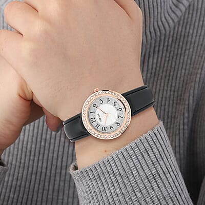 Strada White Austrian Crystal Japanese Movement Watch in Rosetone with Black Faux Leather Strap (35.56mm) (6.50-8.00 Inches)
