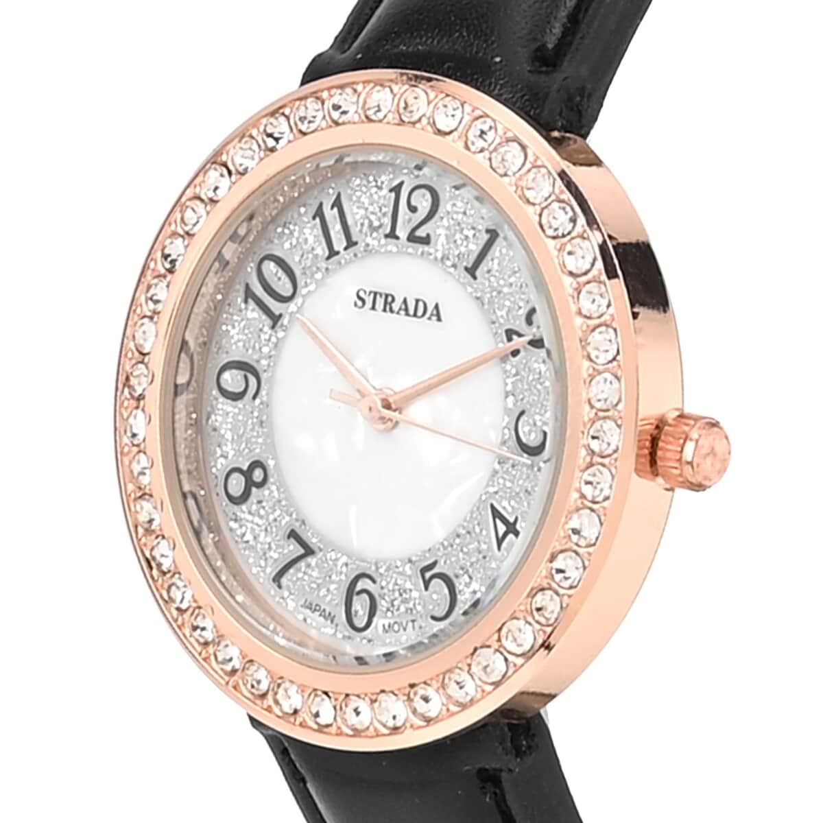 Strada White Austrian Crystal Japanese Movement Watch in Rosetone with Black Faux Leather Strap (35.56mm) (6.50-8.00 Inches) image number 3