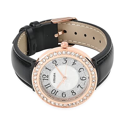 Strada White Austrian Crystal Japanese Movement Watch in Rosetone with Black Faux Leather Strap (35.56mm) (6.50-8.00 Inches)