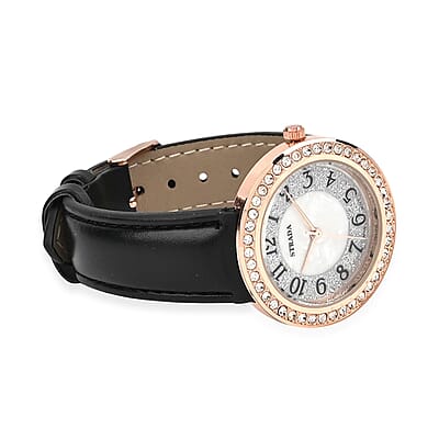 Strada White Austrian Crystal Japanese Movement Watch in Rosetone with Black Faux Leather Strap (35.56mm) (6.50-8.00 Inches)