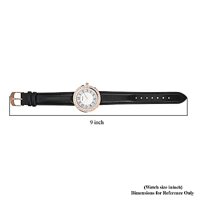 Strada White Austrian Crystal Japanese Movement Watch in Rosetone with Black Faux Leather Strap (35.56mm) (6.50-8.00 Inches)