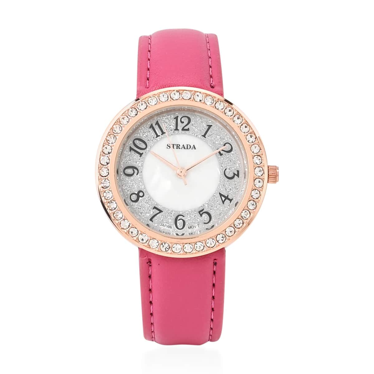 Strada White Austrian Crystal Japanese Movement Watch in Rosetone with Dark Pink Faux Leather Strap (35.56mm) (6.50-8.00 Inches) image number 0