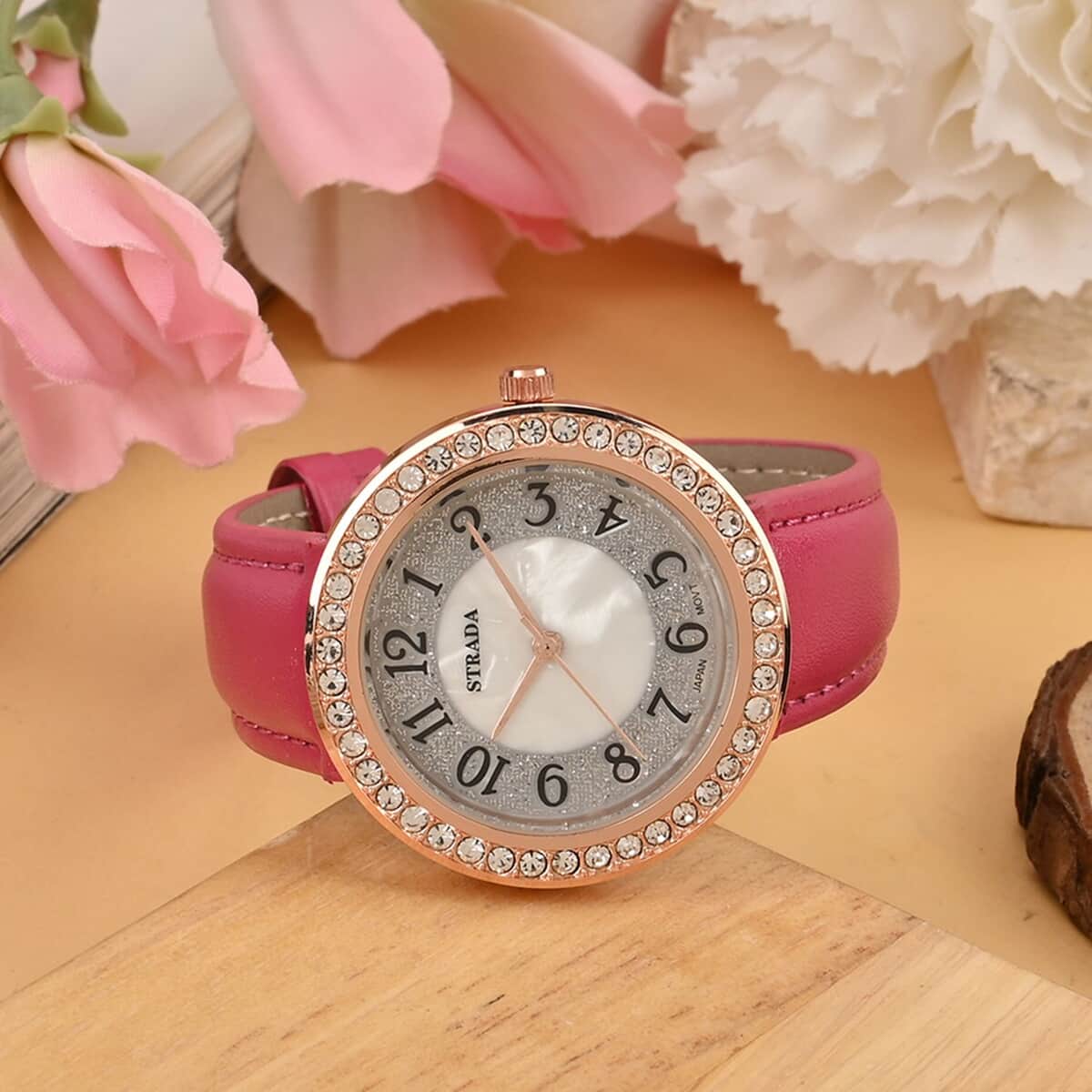 Strada White Austrian Crystal Japanese Movement Watch in Rosetone with Dark Pink Faux Leather Strap (35.56mm) (6.50-8.00 Inches) image number 1