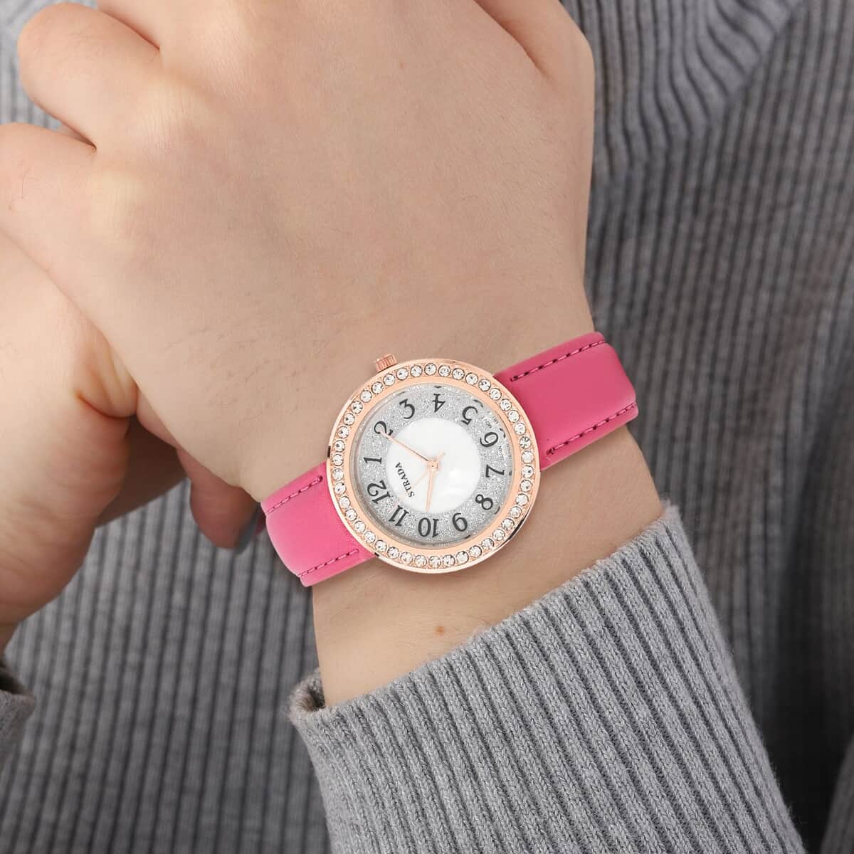 Strada White Austrian Crystal Japanese Movement Watch in Rosetone with Dark Pink Faux Leather Strap (35.56mm) (6.50-8.00 Inches) image number 2