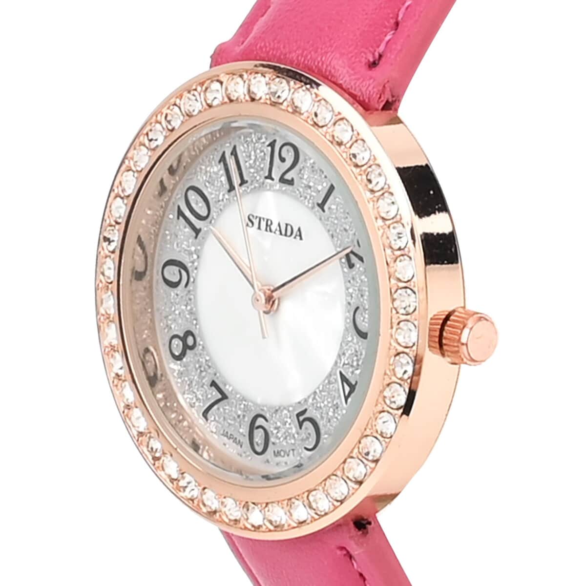 Strada White Austrian Crystal Japanese Movement Watch in Rosetone with Dark Pink Faux Leather Strap (35.56mm) (6.50-8.00 Inches) image number 3