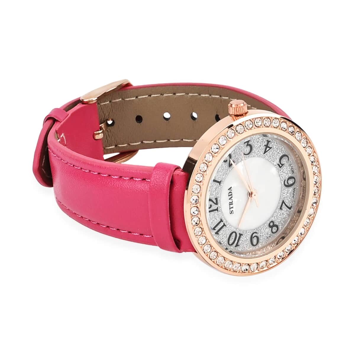 Strada White Austrian Crystal Japanese Movement Watch in Rosetone with Dark Pink Faux Leather Strap (35.56mm) (6.50-8.00 Inches) image number 5