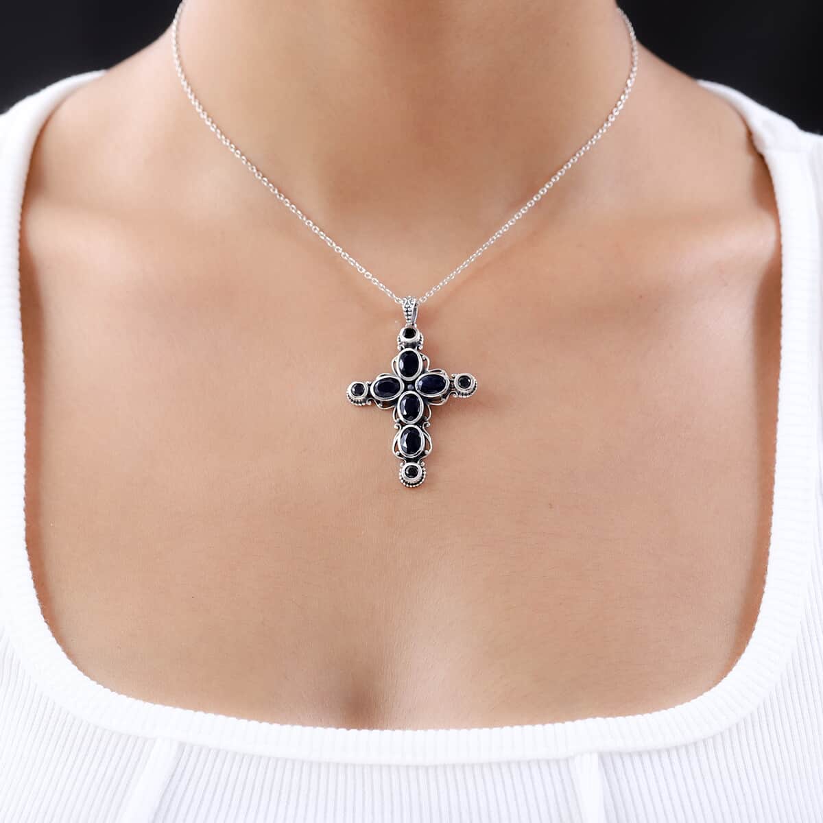 Artisan Crafted Australian Midnight Sapphire Cross Pendant in Sterling Silver 6.35 ctw image number 2