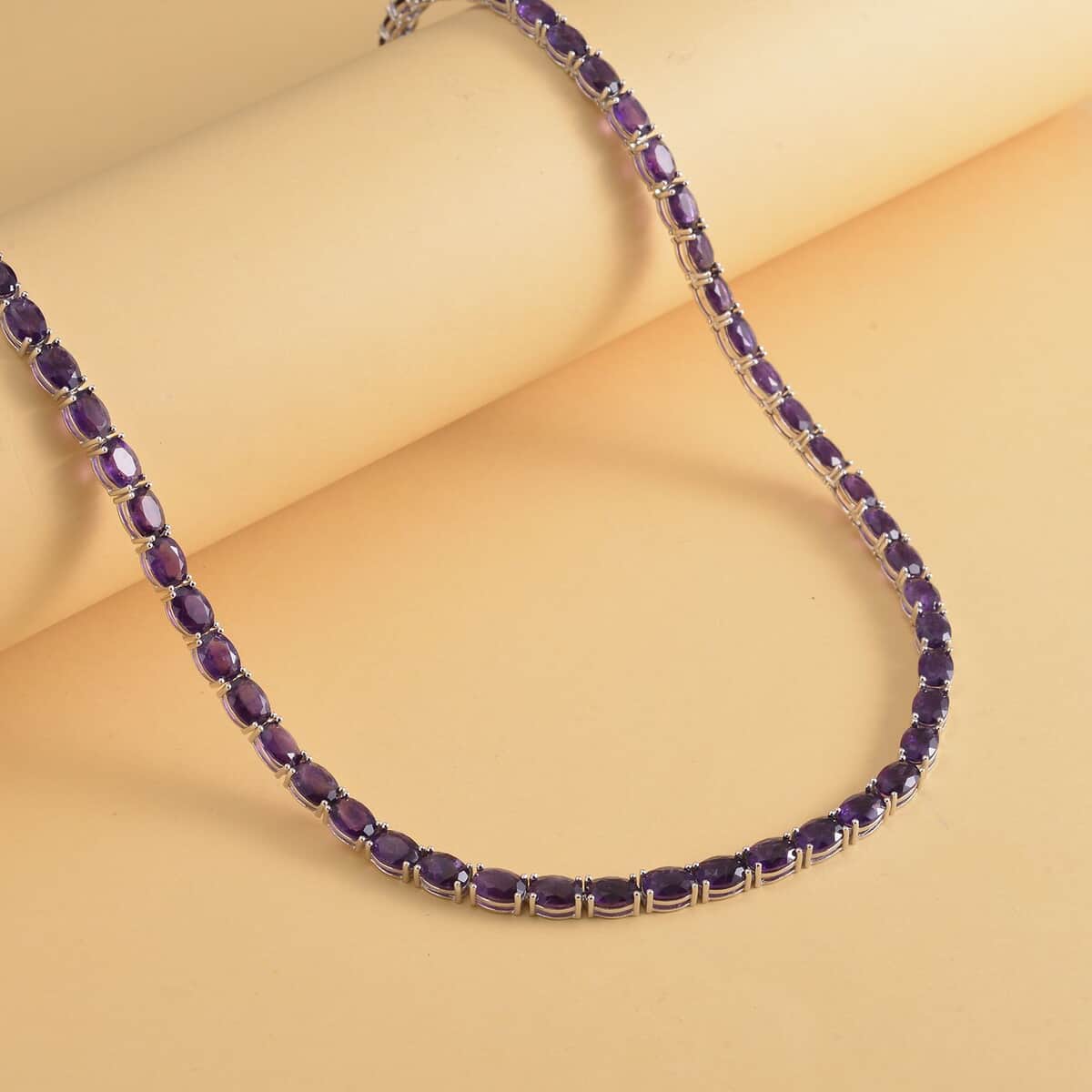 Doorbuster Amethyst Tennis Necklace (18 Inches) in Rhodium Over Sterling Silver (16 g) 43.50 ctw image number 1