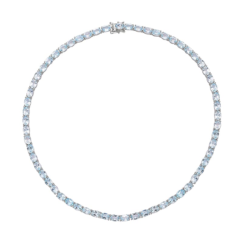 D'Joy Sky Blue Topaz 63.40 ctw Necklace in Rhodium Over Sterling Silver, Silver Tennis Necklace 18 Inches