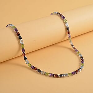 Multi Gemstone Necklace in Rhodium Over Sterling Silver, Silver Tennis Necklace 54.10 ctw (18 Inches)