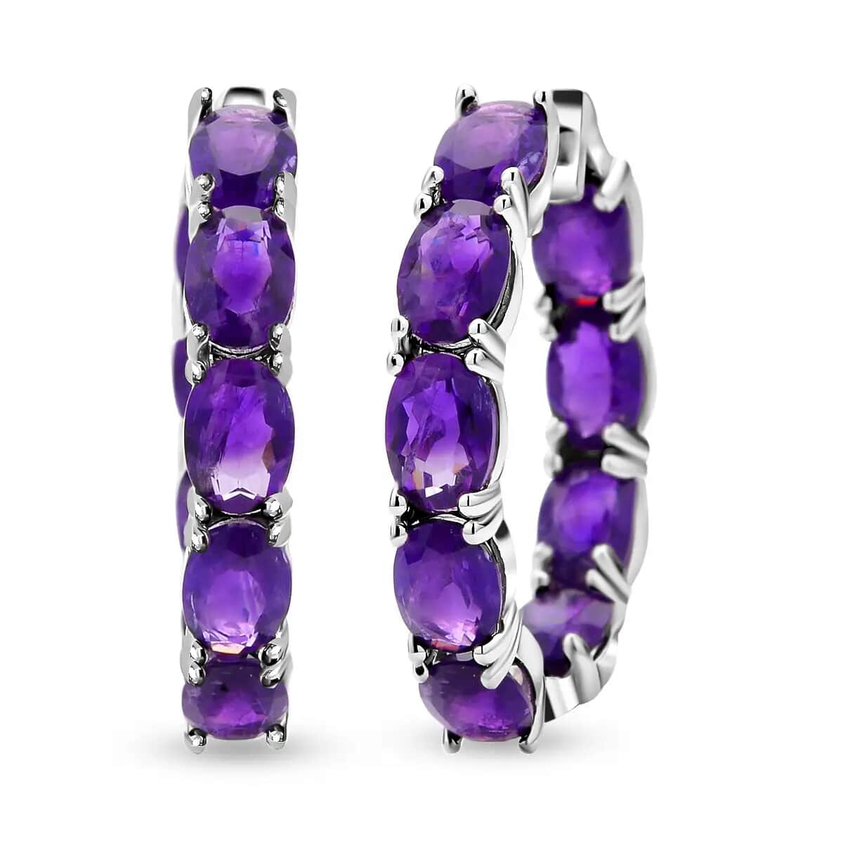 Amethyst Earrings in Rhodium Over Sterling Silver, Inside Out Hoops, Silver Hoops 13.65 ctw image number 0